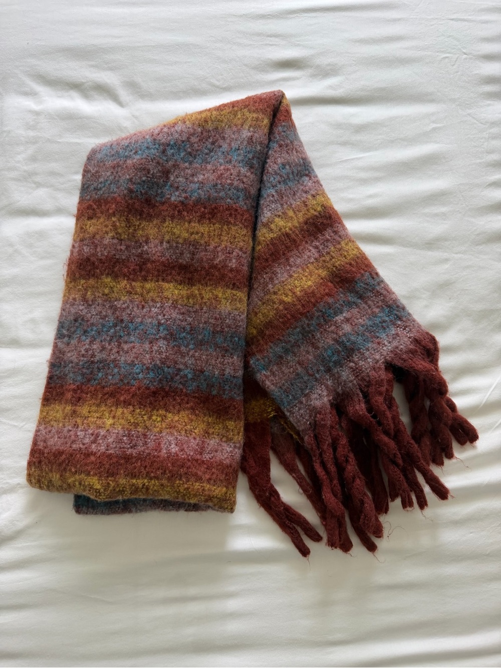 Steve Madden Striped Fringe Scarf in Rust, Mustard & Blue
